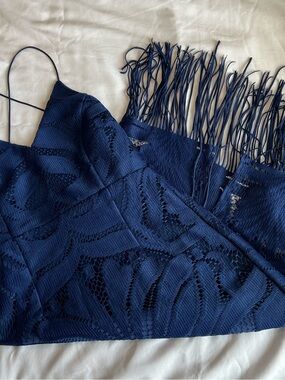 Navy Lace Midi Dress With Fringe Bottom
